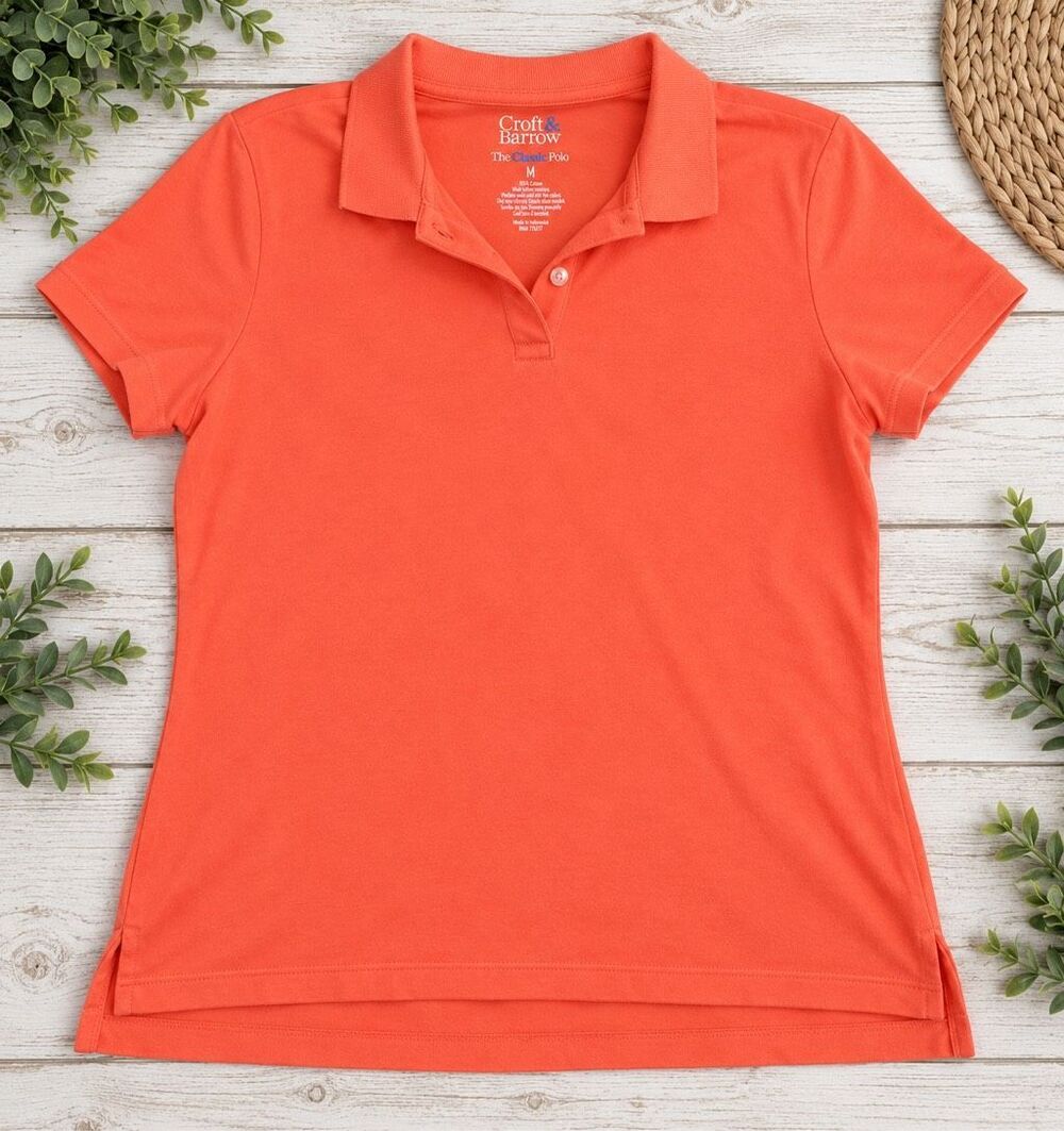 Croft & Barrow Womenβs Medium Classic Polo Shirt Coral Orange 100% Cotton Short